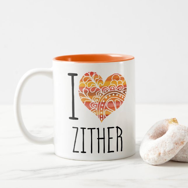 Taza Bicolor Me encanta Zither Naranja Mandala Heart (Con donut)