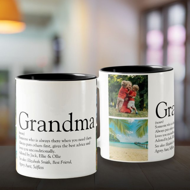 Taza Bicolor Mejor Abuela, Definición de Yaya 4 Fotos en Colage (Best Grandma, Granny Definition 4 Photo Collage Two-Tone Coffee Mug)
