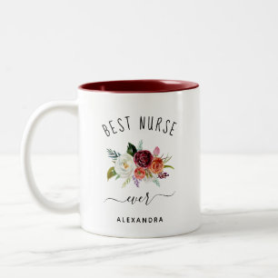 Taza Bicolor Mejor Enfermera  Floral de Borgoña de moda