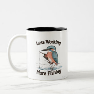 Taza Bicolor Menos Trabajo Más Pesca Martín Pescador Pájaro Div