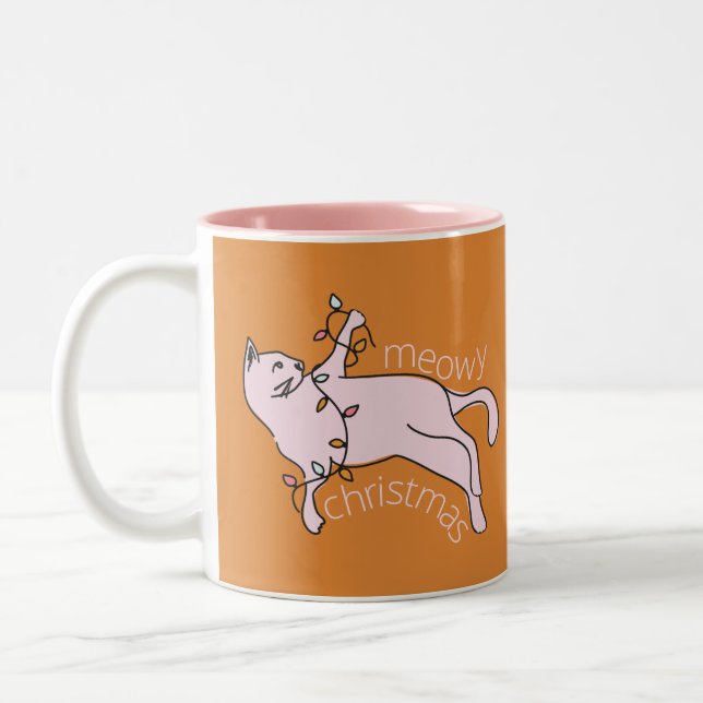 Taza Bicolor Meowy Merry Christmas Pink Cat Luces (Izquierda)