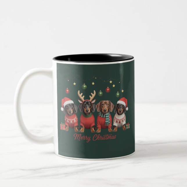 Taza Bicolor Merry Christmas Santa Reindeer Dachshund Weiner  (Izquierda)