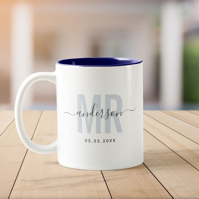 Taza Bicolor Moda Nuevo MR Nombre personalizado Boda Fecha Azul (Subido por el creador)