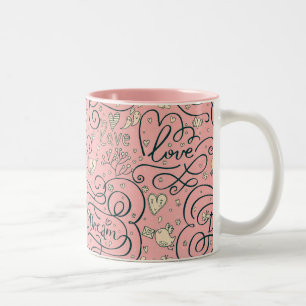 Taza Bicolor Modelo romántico con los corazones y los pájaros
