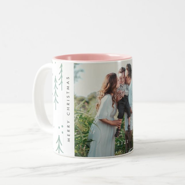 Taza Bicolor Modern Green Tree Family Photo Holiday (Anverso izquierdo)
