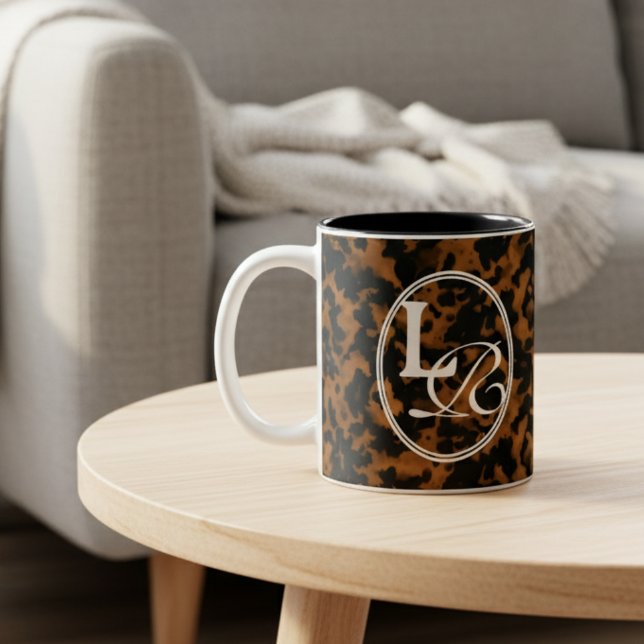 Taza Bicolor Modern Monogram Tortoise Shell Print (Add a touch of chic charm to your phone with this Elegant Typography Monogram Tortoise Shell Mug! )
