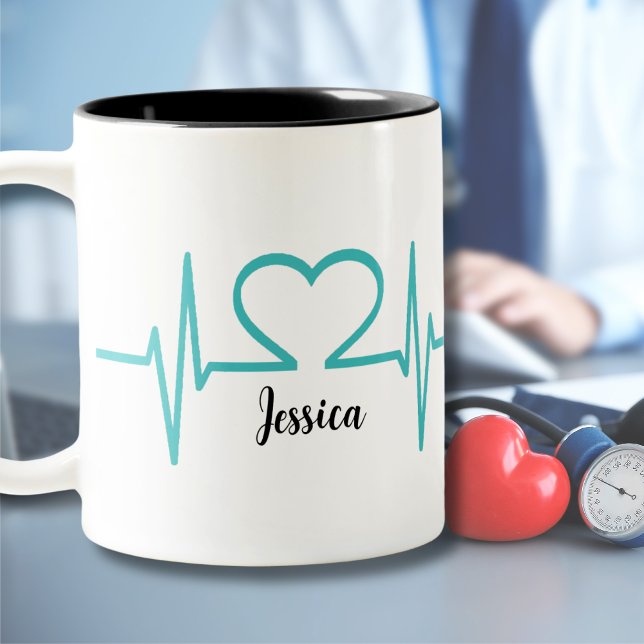Taza Bicolor Modern Simple Heart Nurse Doctor Medical (Modern Simple Heart Beat Nurse Doctor Medical Two-Tone Coffee Mug)