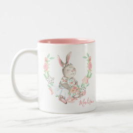 Taza Bicolor Moderno Girly Watercolor Floral Bunny Rabbit Nombr
