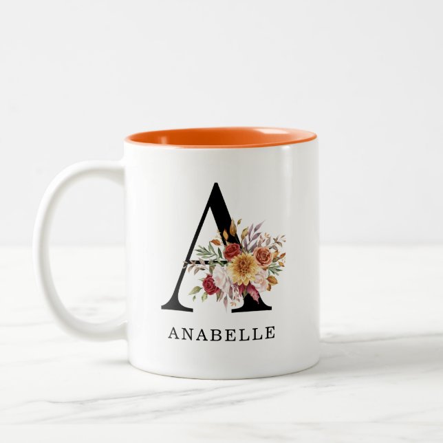 Taza Bicolor Moderno Monograma otoño otoño acuarela floral (Izquierda)