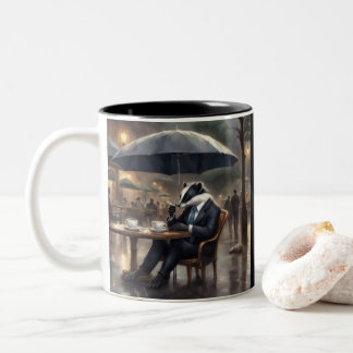 Taza Bicolor Mofeta con traje bebiendo café bajo la lluvia