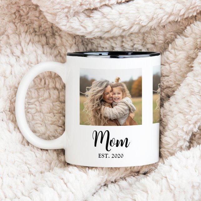 Taza Bicolor Mom Established Script Photo (Mom established year and photo, personalized mug gift for  Mothers Day, Birthday or just because! )