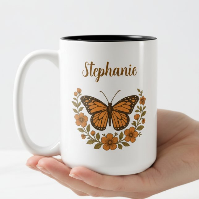 Taza Bicolor Monarch Butterfly Floral Mug (Personalized monarch butterfly floral coffee mug)
