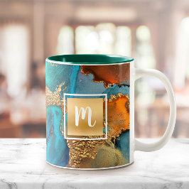Taza Bicolor Monograma acuarela mármol oro naranja turquesa