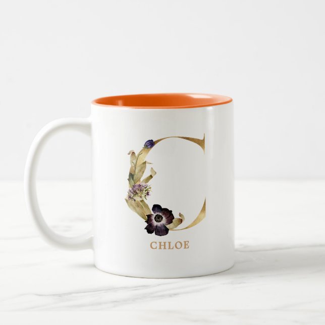 Taza Bicolor Monograma C de oro personalizado | Floral otoñal (Izquierda)