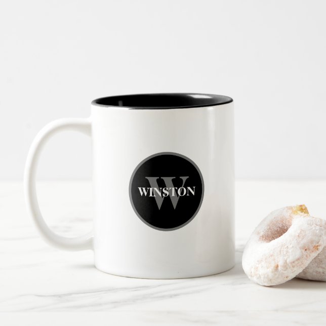 Taza Bicolor Monograma clásico simple de Personalizado gris bla (Con donut)