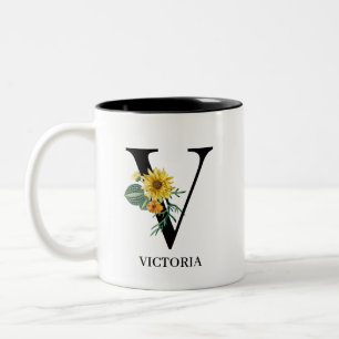 Taza Bicolor Monograma de alfabeto floral personalizado V