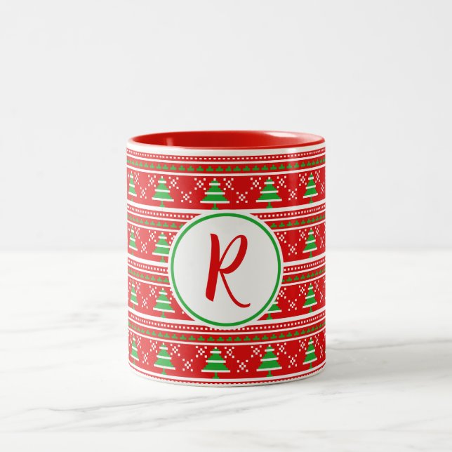 Taza Bicolor Monograma de Árboles de Navidad Verde Rojo (Centro)