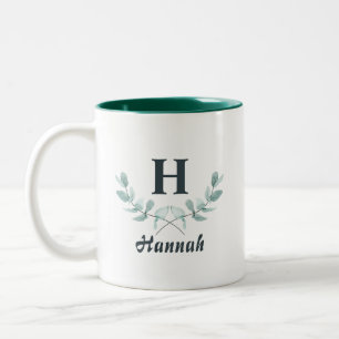 Taza Bicolor Monograma de hoja de eucalipto verde cazador