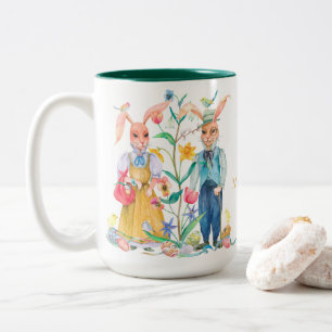 Taza Bicolor Monograma de las flores de primavera de conejo de