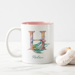 Taza Bicolor Monograma de letra H floral personalizada con foll