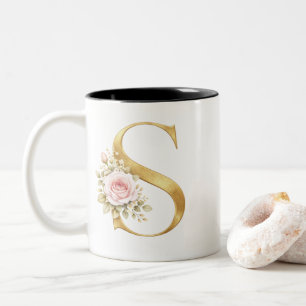 Taza Bicolor Monograma de letra S floral de oro de lujo