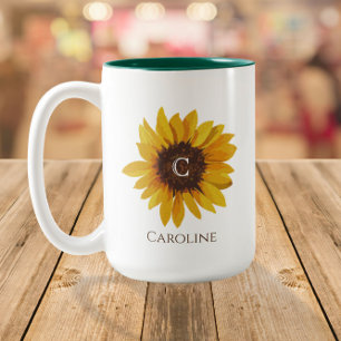 Taza Bicolor Monograma de nombre de girasol con acuarela