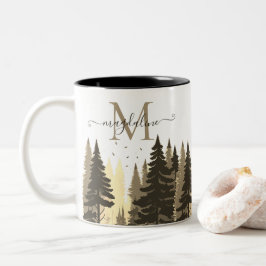 Taza Bicolor Monograma de nombre de guión de árbol de pino
