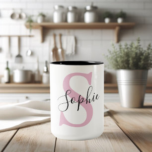 Taza Bicolor Monograma de nombre personalizado moderno rosa