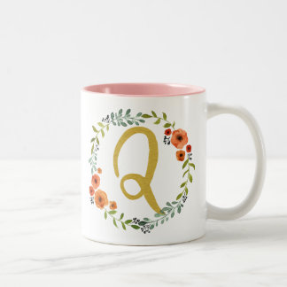 Taza Bicolor Monograma de oro de flor botánica Q inicial