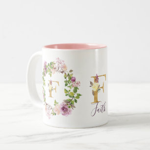Taza Bicolor Monograma de oro moderno F Flor acuarela floral