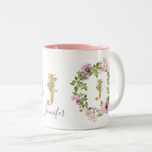 Taza Bicolor Monograma de oro moderno J Corona floral de acuare