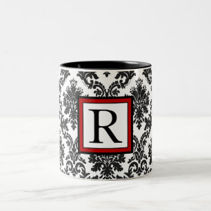 Taza Bicolor Monograma elegante blanco negro de damasco rojo