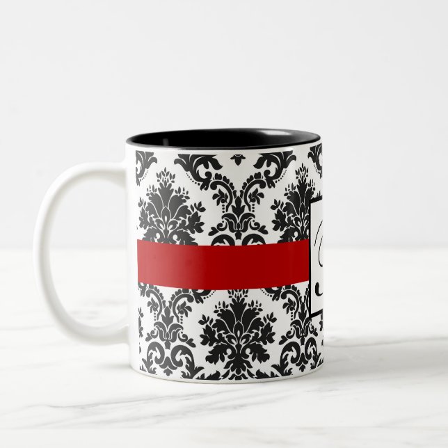 Taza Bicolor Monograma elegante blanco negro de damasco rojo (Izquierda)