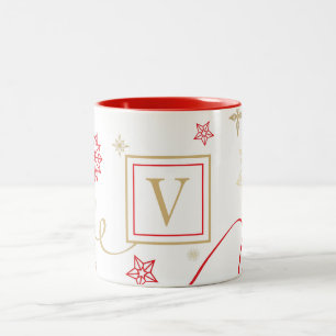 Taza Bicolor Monograma Fancy Red Gold Snowflakes
