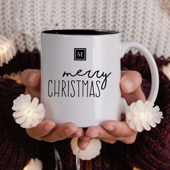 Taza Bicolor Monograma Feliz Navidad Moderno (Merry Christmas Holiday motivation quote in modern typography with a simple monogram.)