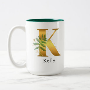 Taza Bicolor Monograma Floral Acuarela Letra K Dorada