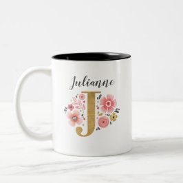 Taza Bicolor Monograma Floral Rosa Letra inicial J