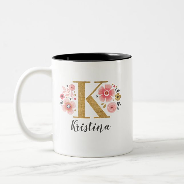 Taza Bicolor Monograma Floral Rosa Letra inicial K (Izquierda)