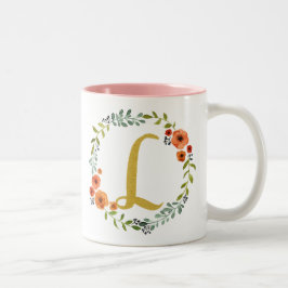 Taza Bicolor Monograma inicial L de la flor botánica Wreath Gol