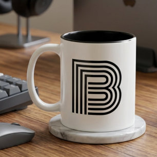 Taza Bicolor Monograma Inicial Monogramada Negro Moderno Simple