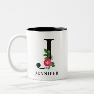 Taza Bicolor Monograma J de alfabeto floral personalizado