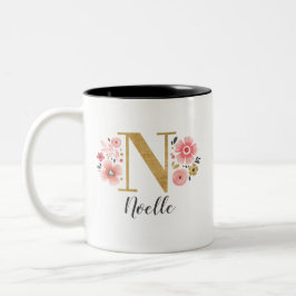 Taza Bicolor Monograma Letra rosa floral inicial N
