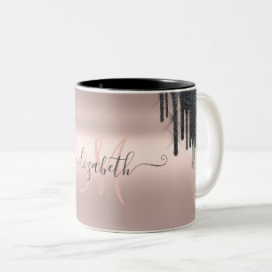 Taza Bicolor Monograma moderno con gotas de brillo negro y rosa