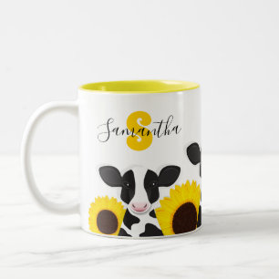 Taza Bicolor Monograma Nombre Cow Floral Girasol