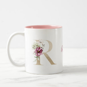 Taza Bicolor Monograma Personalizado Letra R Dorada Floral Rosa