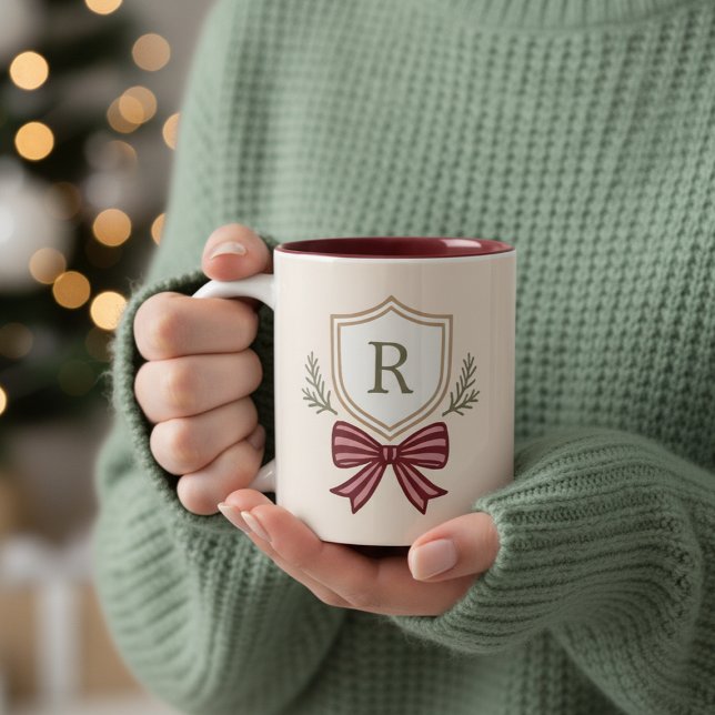 Taza Bicolor Monograma personalizado Navidades iniciales Bow (Subido por el creador)