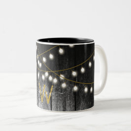 Taza Bicolor Monograma Rústico Barn Black Wood Gold String Luce