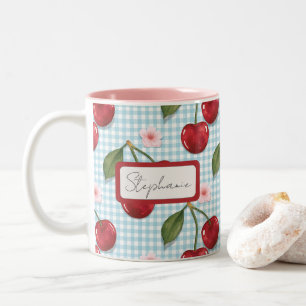 Taza Bicolor Monograma Rústico Blue Gingham And Cherries
