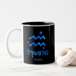 Taza Bicolor Monograma, signo Zodiaco, Aquarius con Galaxia Azu