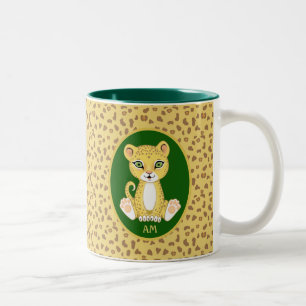 Taza Bicolor Monograma y leopardo en verde marrón y beige dorad